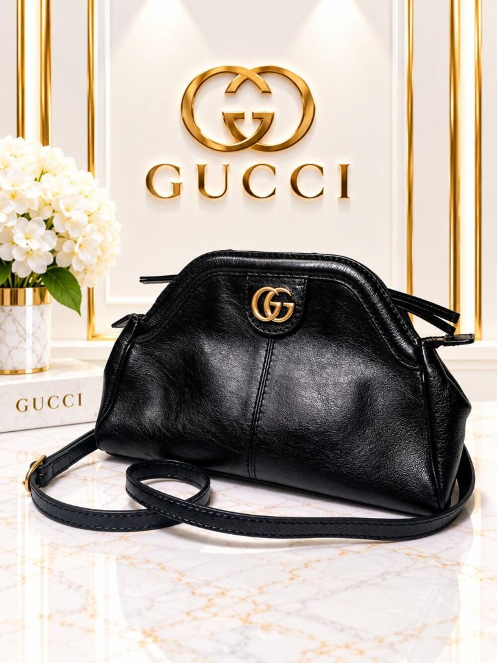 Authentic Gucci RE(BELLE) Black Leather Small Crossbody Bag GG Gold Logo